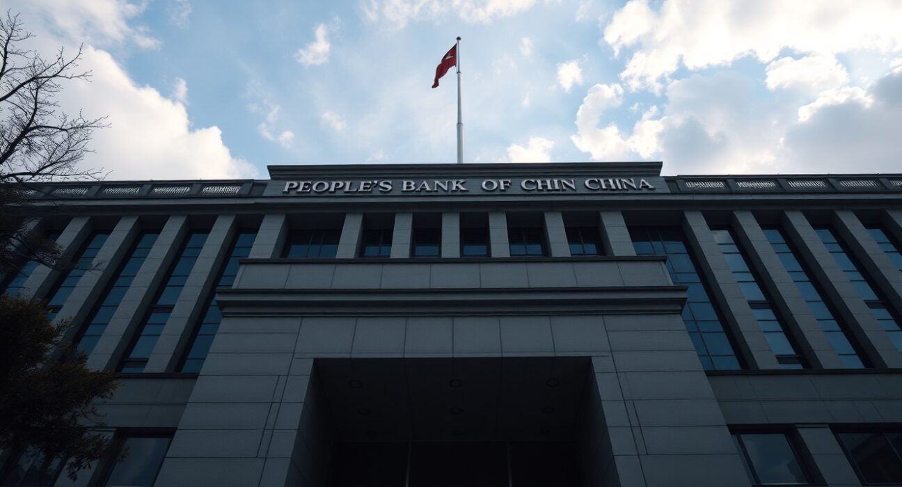 Exterior view of the People's Bank of China headquarters in Beijing during late afternoon.