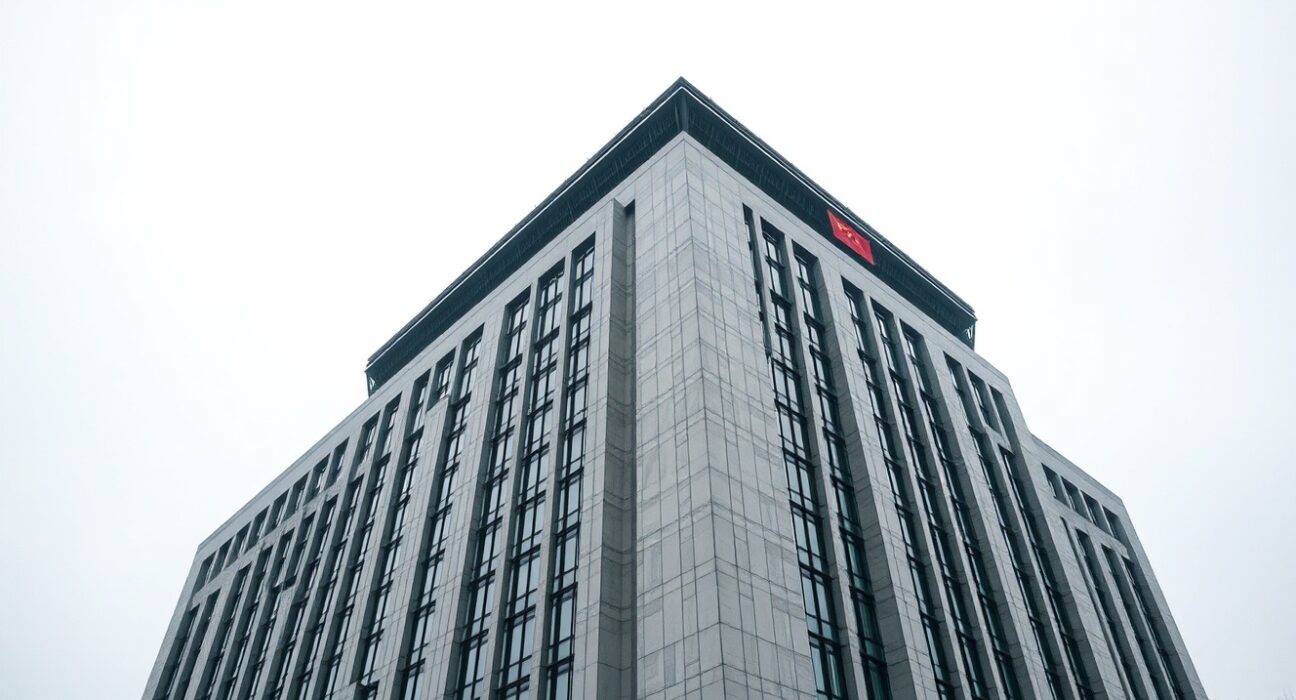 People's Bank of China headquarters in Beijing on a cloudy day, representing China's central bank currency policy.