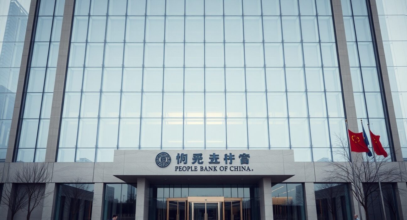 Exterior of the People's Bank of China headquarters in Beijing on an overcast day.