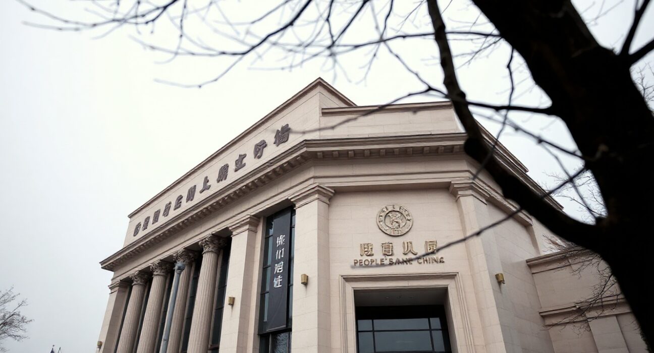 Exterior of the People's Bank of China headquarters in Beijing on a cloudy day