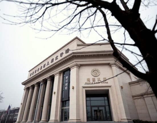Exterior of the People's Bank of China headquarters in Beijing on a cloudy day
