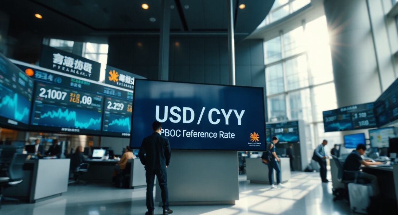 Digital screens showing USD/CNY exchange rate on a Shanghai trading floor