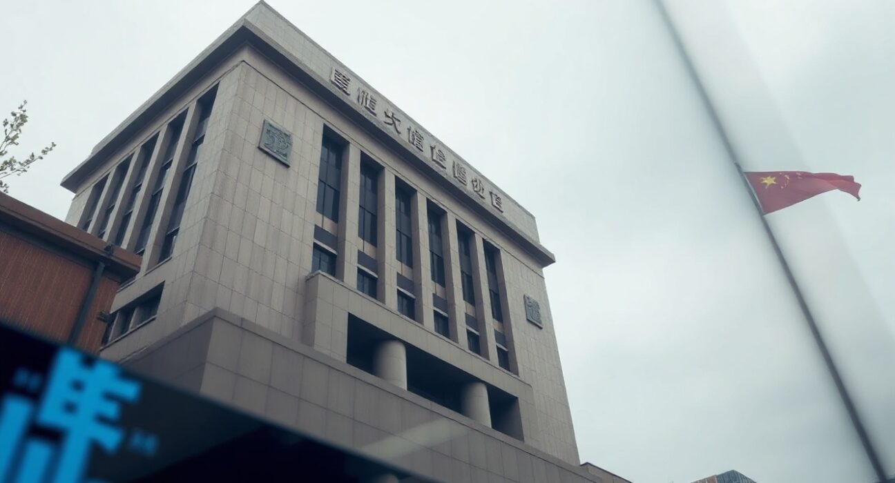 Exterior of the People's Bank of China headquarters in Beijing on an overcast day.