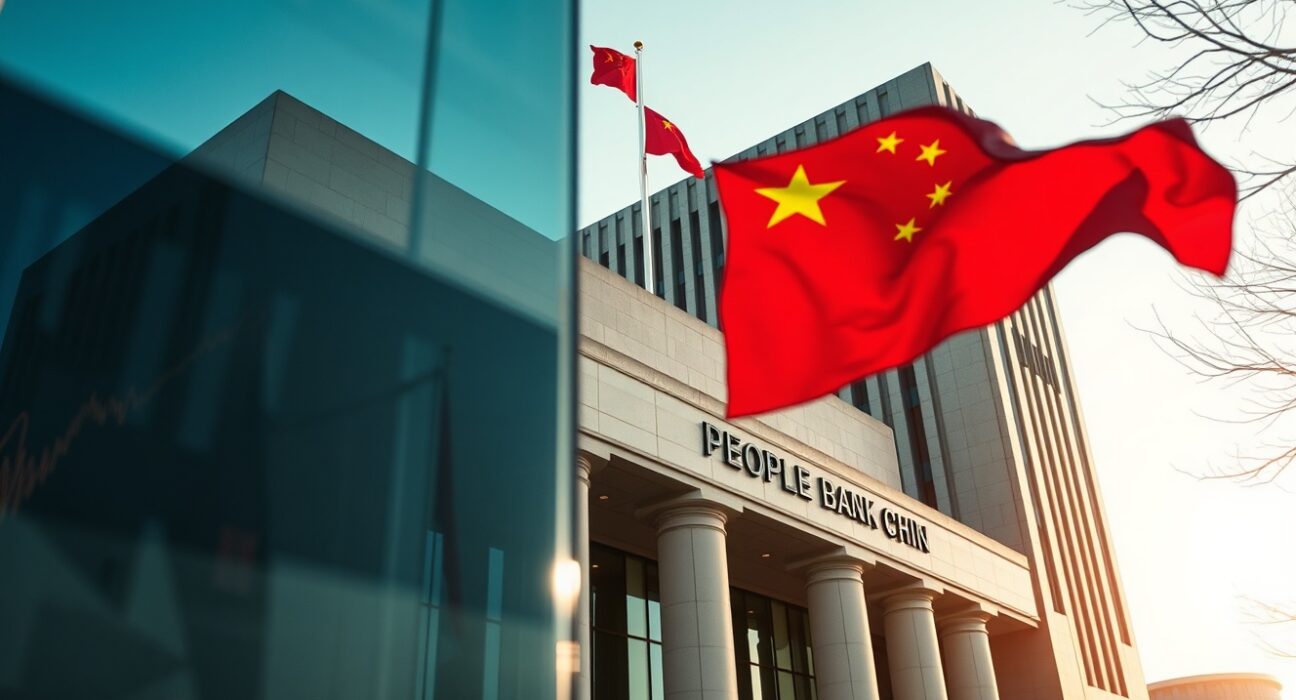 Exterior of the People's Bank of China headquarters in Beijing under clear morning light.