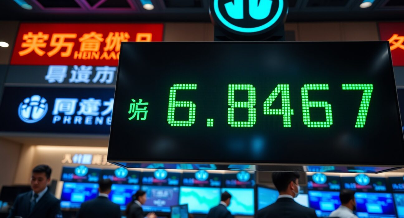 Digital display showing USD/CNY exchange rate at 6.8467 on a trading floor