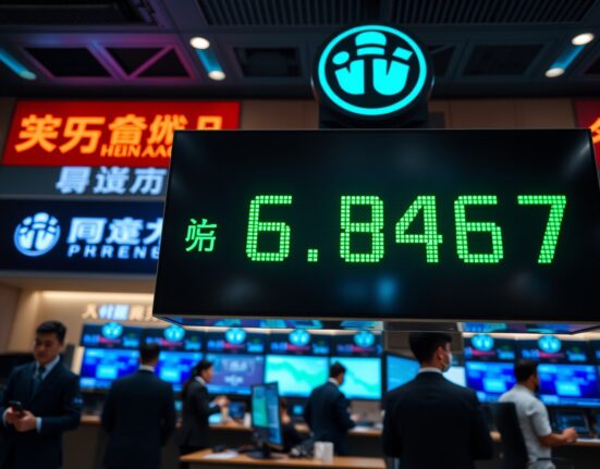 Digital display showing USD/CNY exchange rate at 6.8467 on a trading floor