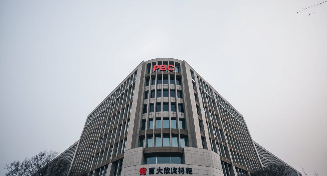 Exterior view of the People's Bank of China headquarters in Beijing on a cloudy day