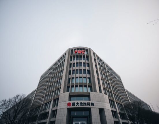 Exterior view of the People's Bank of China headquarters in Beijing on a cloudy day
