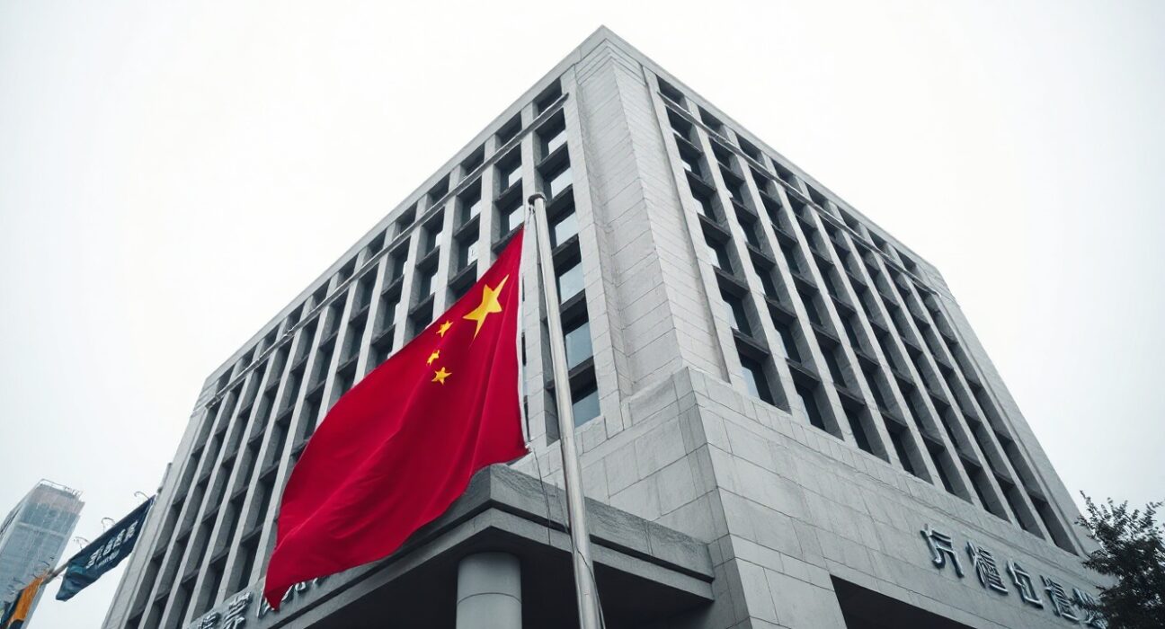 Exterior of the People's Bank of China headquarters in Beijing on a cloudy day.
