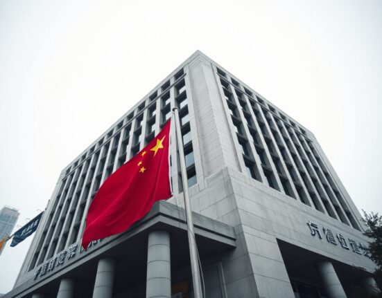 Exterior of the People's Bank of China headquarters in Beijing on a cloudy day.