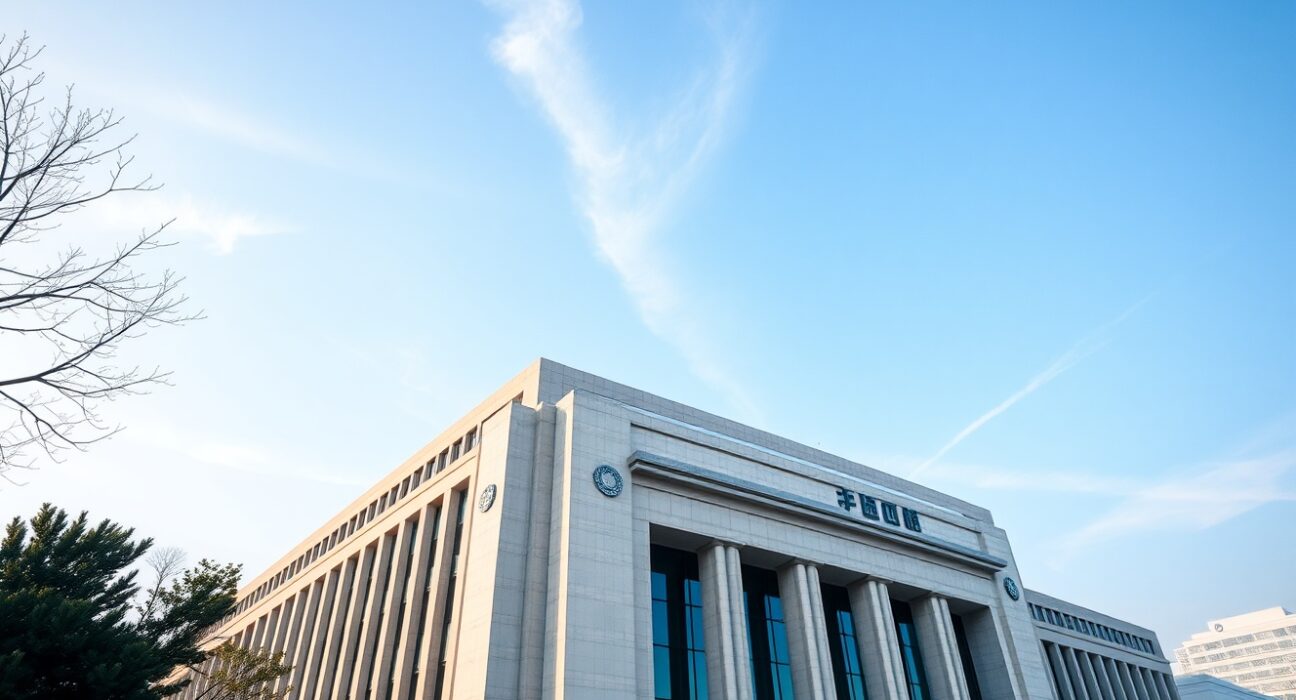 Exterior of the People's Bank of China headquarters in Beijing on a clear day.