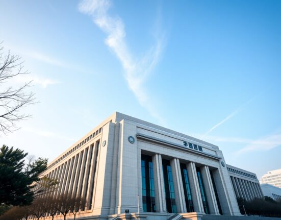 Exterior of the People's Bank of China headquarters in Beijing on a clear day.
