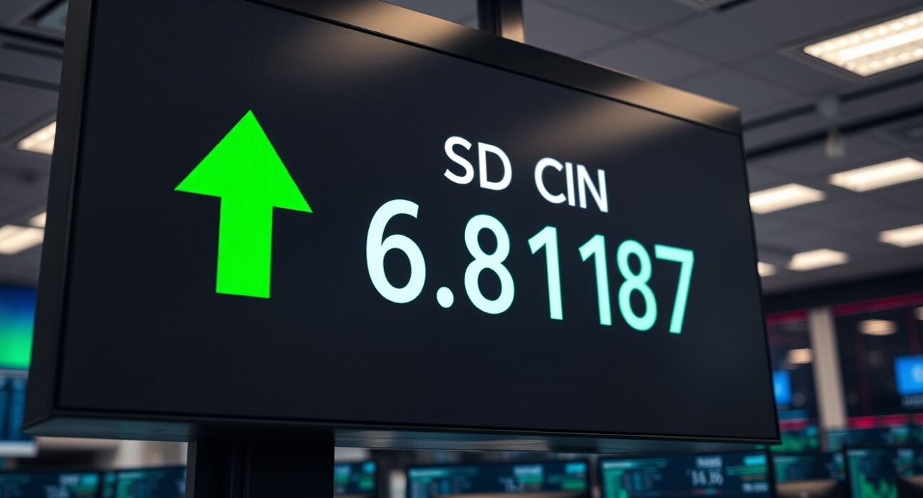 Digital display showing USD/CNY exchange rate at 6.8187 on a trading floor.