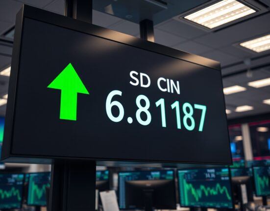 Digital display showing USD/CNY exchange rate at 6.8187 on a trading floor.
