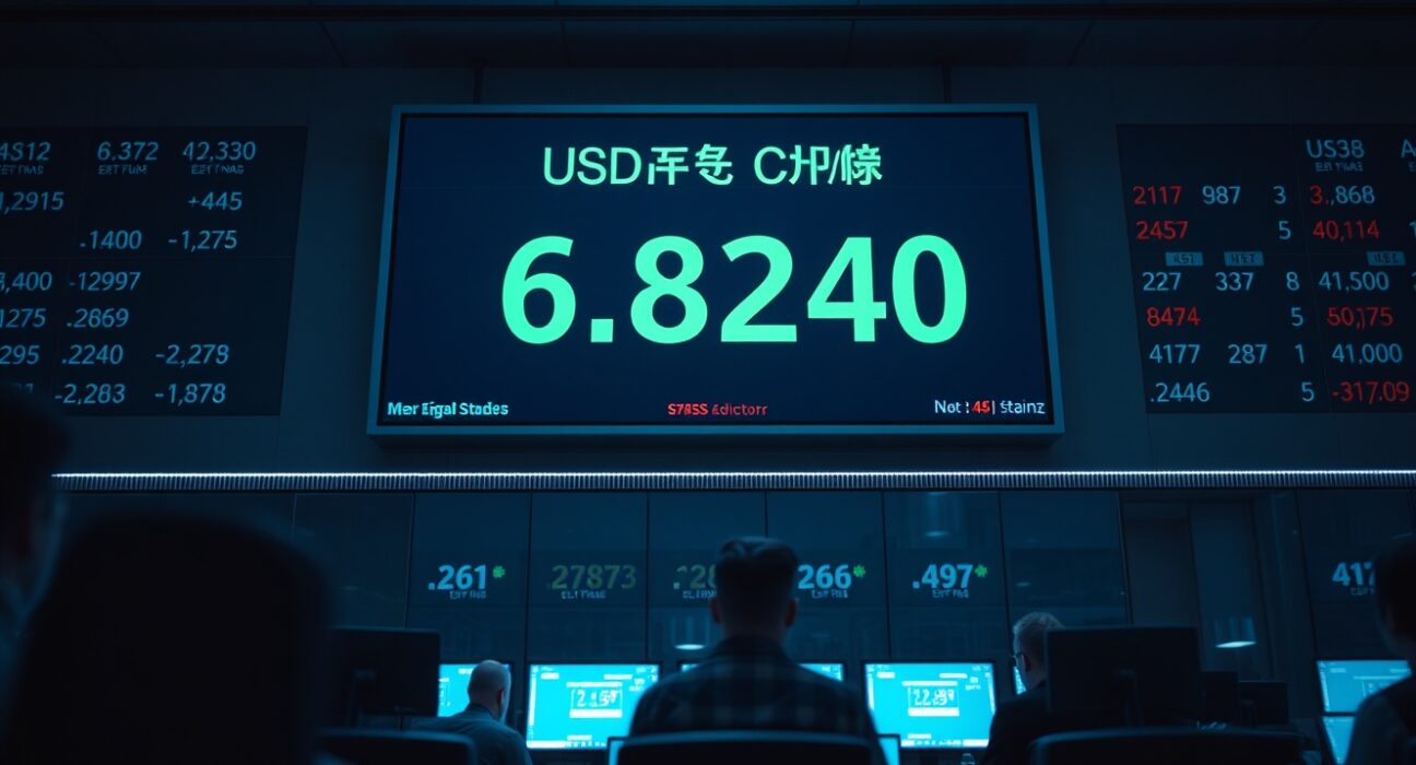 Digital display showing USD/CNY exchange rate at 6.8240 on a trading floor