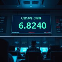 Digital display showing USD/CNY exchange rate at 6.8240 on a trading floor