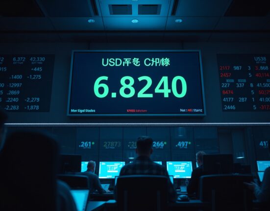 Digital display showing USD/CNY exchange rate at 6.8240 on a trading floor