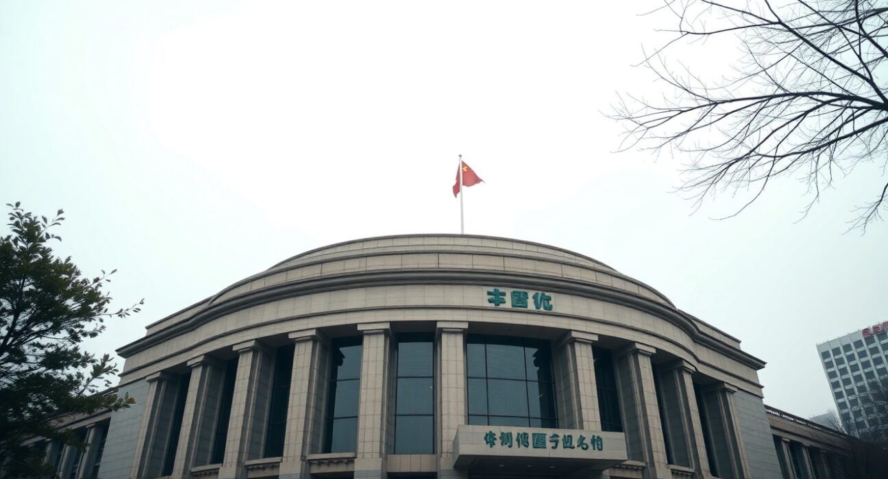 Exterior of the People's Bank of China headquarters in Beijing on a cloudy day.