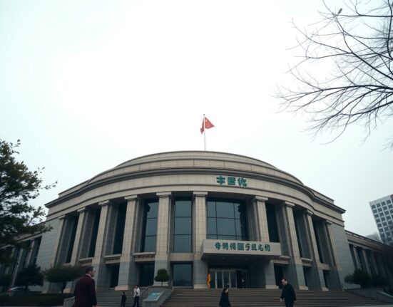 Exterior of the People's Bank of China headquarters in Beijing on a cloudy day.