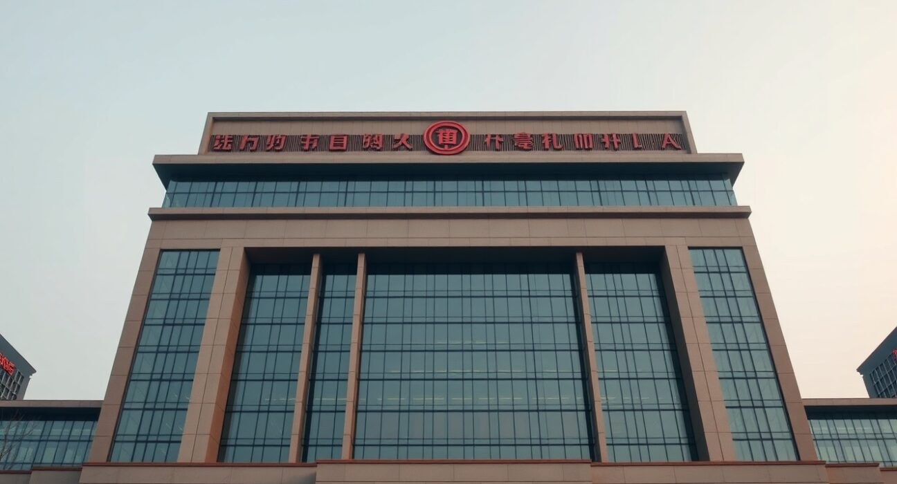 People's Bank of China headquarters in Beijing under a cloudy sky at dawn.