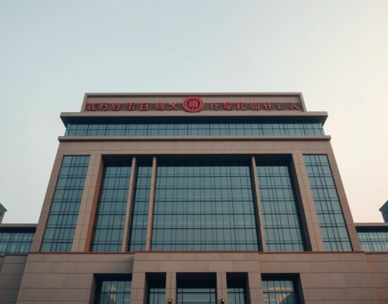 People's Bank of China headquarters in Beijing under a cloudy sky at dawn.