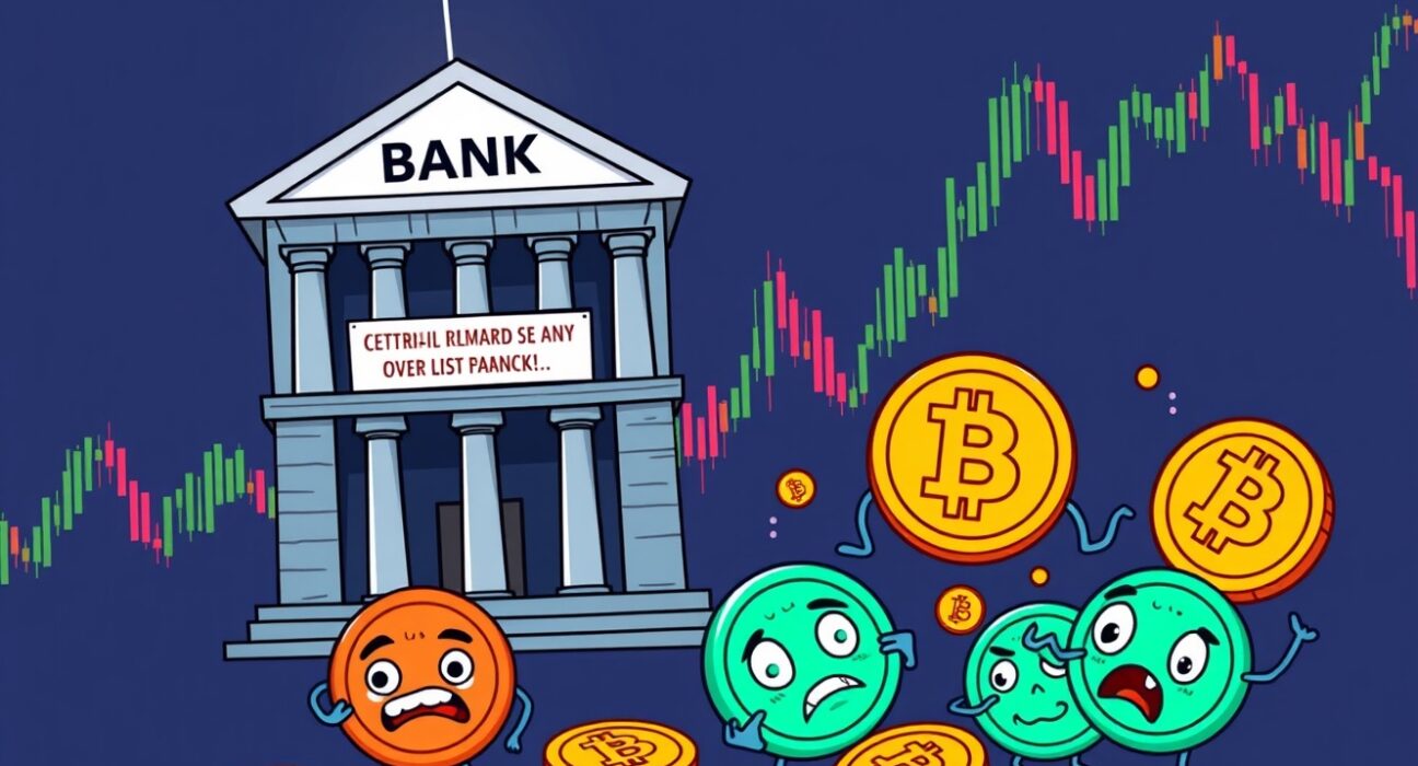 Cartoon illustration of PBOC warning impacting illicit crypto activities and causing market volatility.