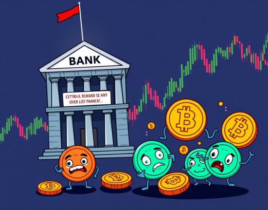 Cartoon illustration of PBOC warning impacting illicit crypto activities and causing market volatility.