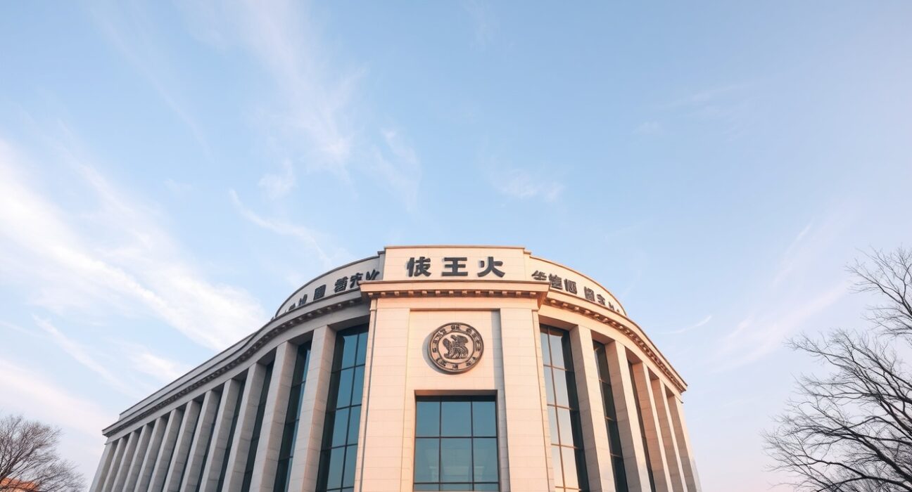 Exterior of the People's Bank of China headquarters in Beijing on a clear day.