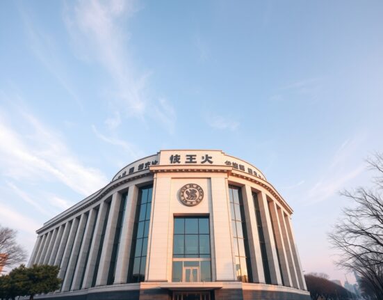 Exterior of the People's Bank of China headquarters in Beijing on a clear day.