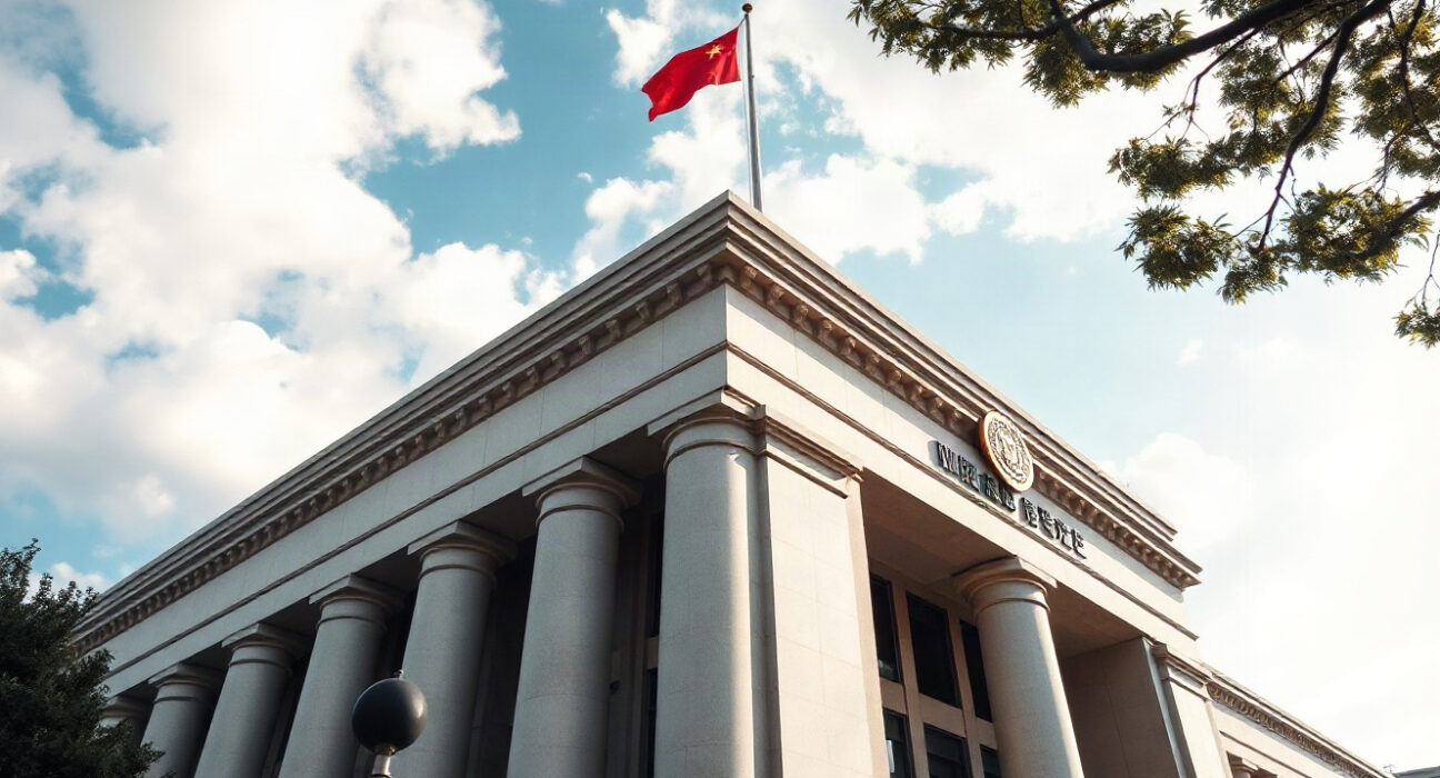PBOC headquarters in Beijing on a clear day, with Chinese flag visible.