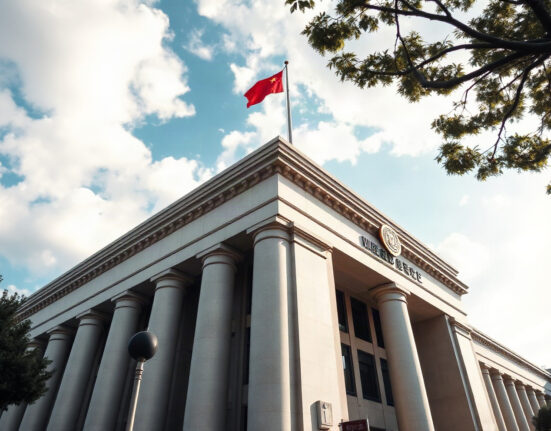 PBOC headquarters in Beijing on a clear day, with Chinese flag visible.