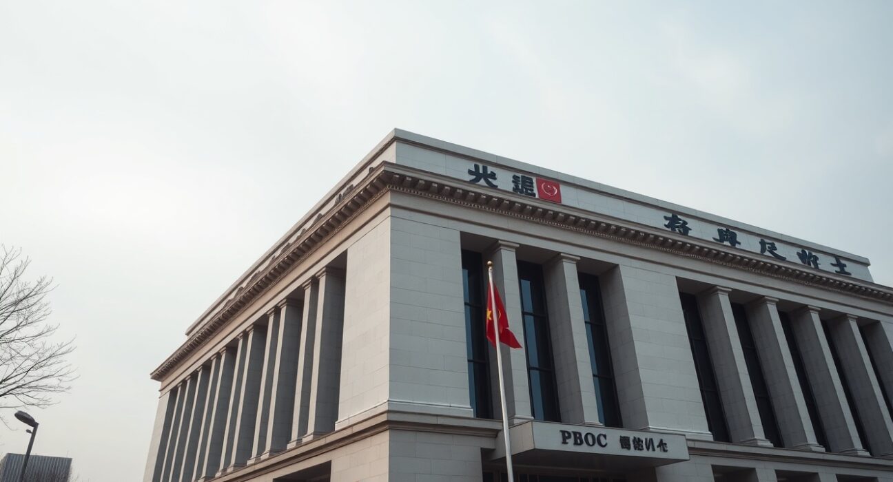 People's Bank of China headquarters in Beijing on a clear day, representing central bank policy and yuan exchange rate decisions.
