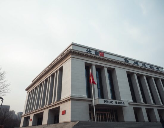 People's Bank of China headquarters in Beijing on a clear day, representing central bank policy and yuan exchange rate decisions.