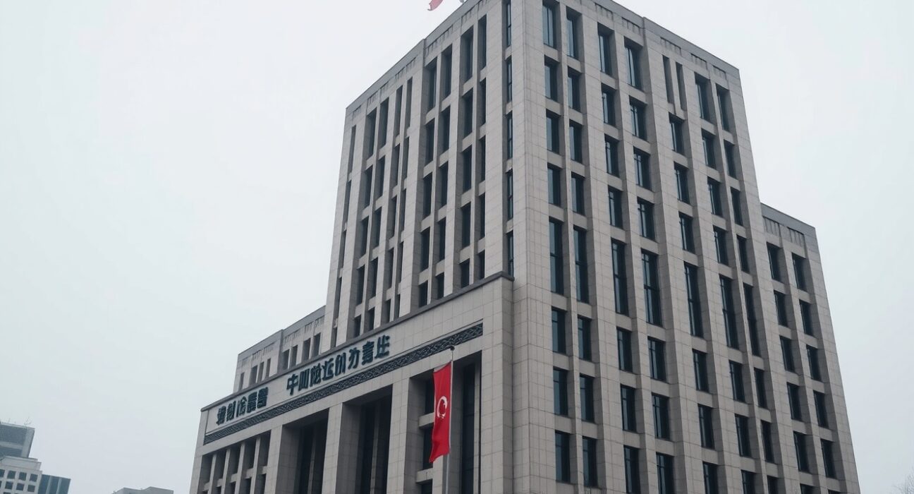 PBOC headquarters in Beijing under overcast sky, representing China's central bank currency policy.