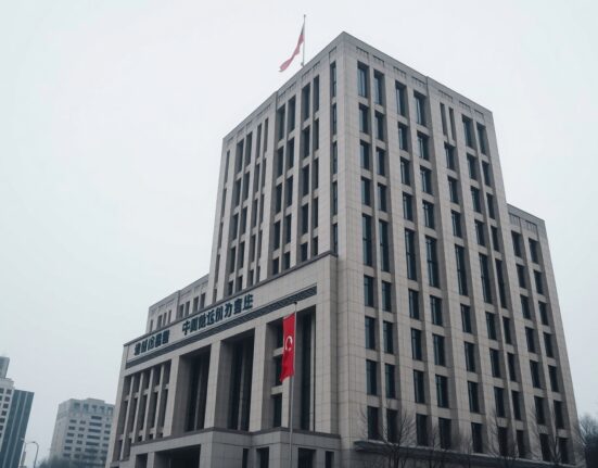 PBOC headquarters in Beijing under overcast sky, representing China's central bank currency policy.