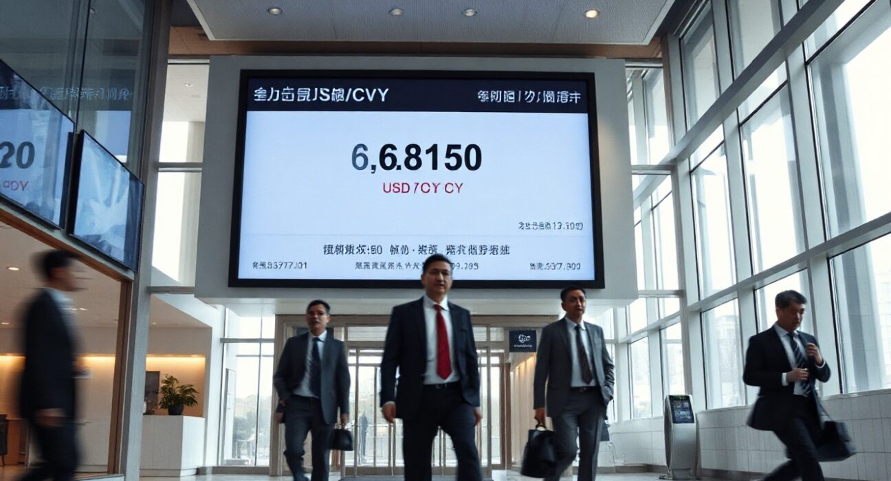 Digital exchange rate board in a Chinese bank lobby showing USD/CNY rate at 6.8150