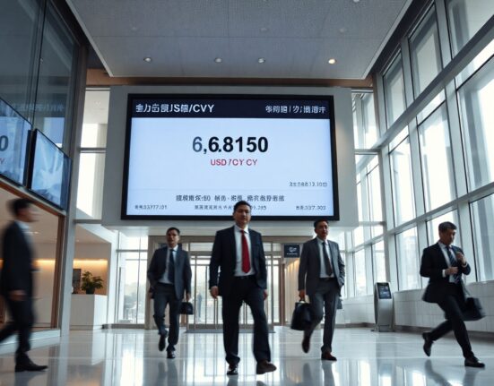 Digital exchange rate board in a Chinese bank lobby showing USD/CNY rate at 6.8150