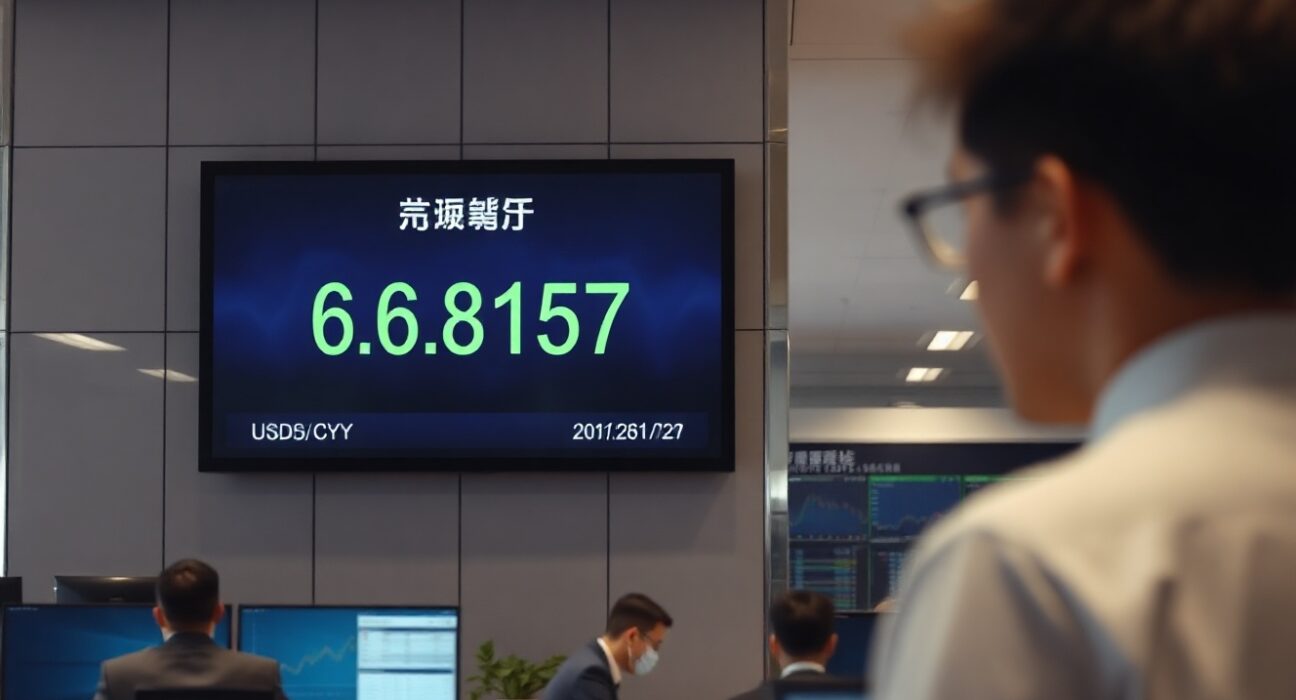 Digital display showing PBOC USD/CNY reference rate at 6.8157 on a trading floor