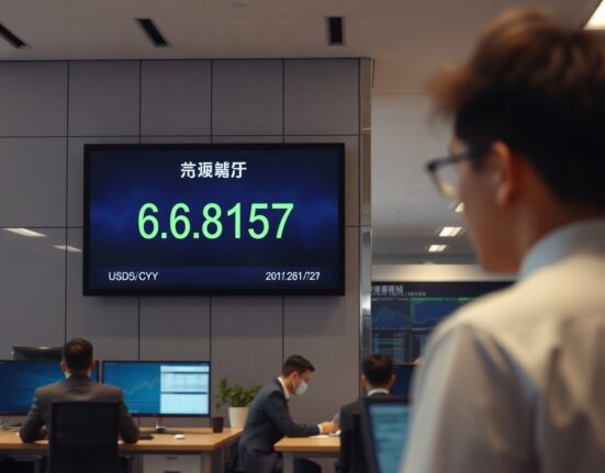 Digital display showing PBOC USD/CNY reference rate at 6.8157 on a trading floor