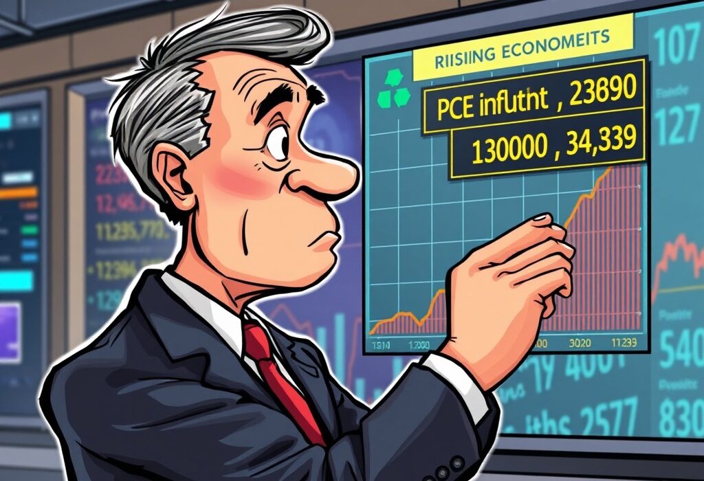 Cartoon illustration showing an economist analyzing US PCE inflation data, symbolizing its crucial impact on the broader economy and markets.