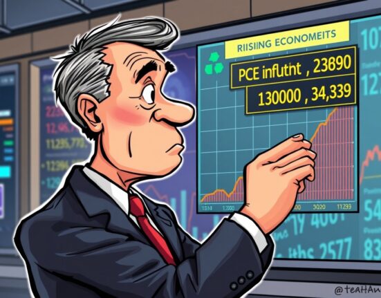 Cartoon illustration showing an economist analyzing US PCE inflation data, symbolizing its crucial impact on the broader economy and markets.