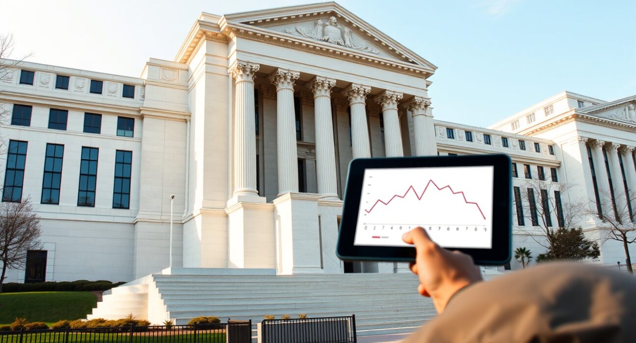 Federal Reserve building with analyst reviewing PCE inflation data chart showing 2.8% rate