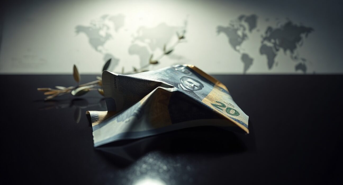 New Zealand Dollar banknote on dark surface with olive branch in background