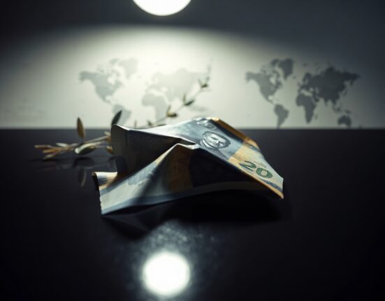 New Zealand Dollar banknote on dark surface with olive branch in background