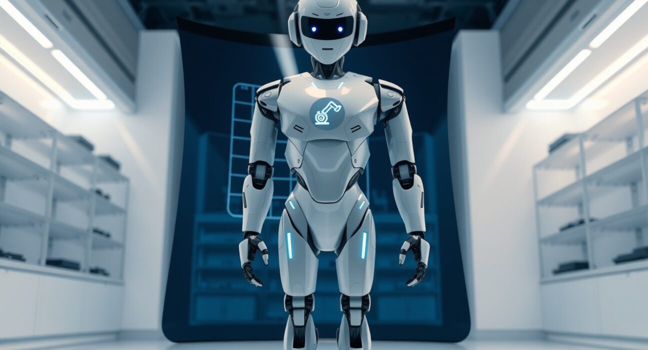 Humanoid robot in a technology lab facing a simulation display, representing Peaq's OS integration with LG's CLOiSim platform.