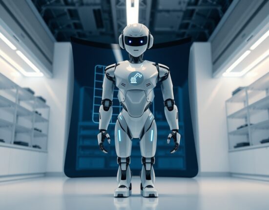 Humanoid robot in a technology lab facing a simulation display, representing Peaq's OS integration with LG's CLOiSim platform.