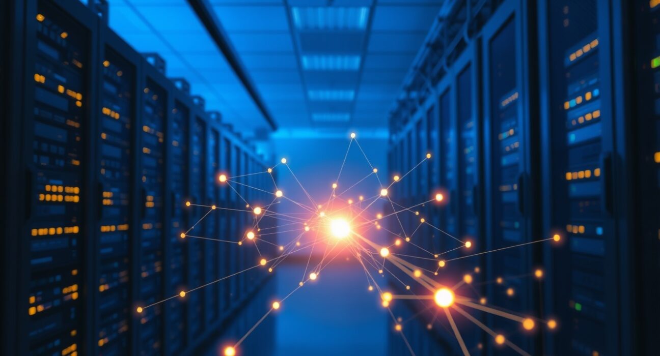 Blockchain security visualization over server room representing a crypto hack incident.