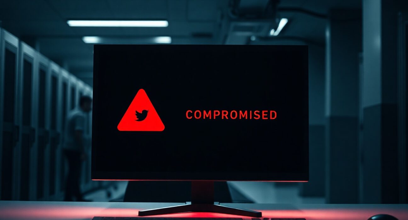 Cybersecurity monitor displaying a compromised X account alert for Gnosis in a dim operations center
