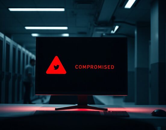 Cybersecurity monitor displaying a compromised X account alert for Gnosis in a dim operations center