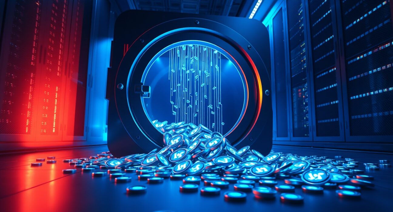 Digital vault door ajar with blue MAPO tokens spilling onto a server room floor, representing a token minting security incident.